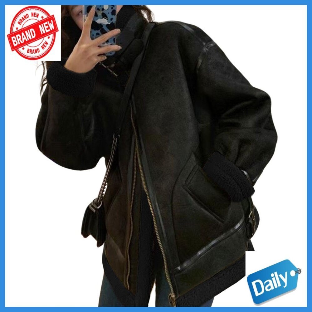 Oversized Faux Suede Moto Jacket Sherpa Lined Aviator Coat Women's Winter
